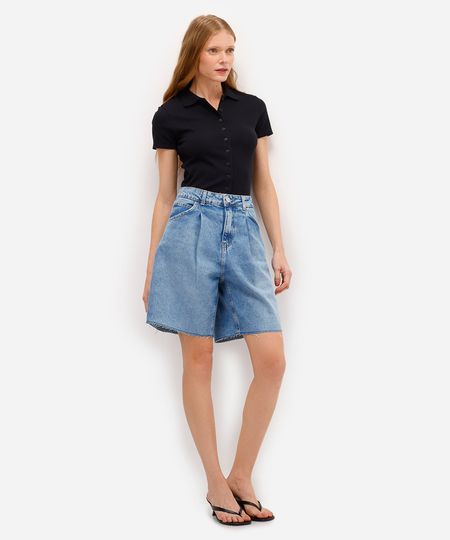 bermuda jorts feminina jeans com pregas e barra a fio azul 34