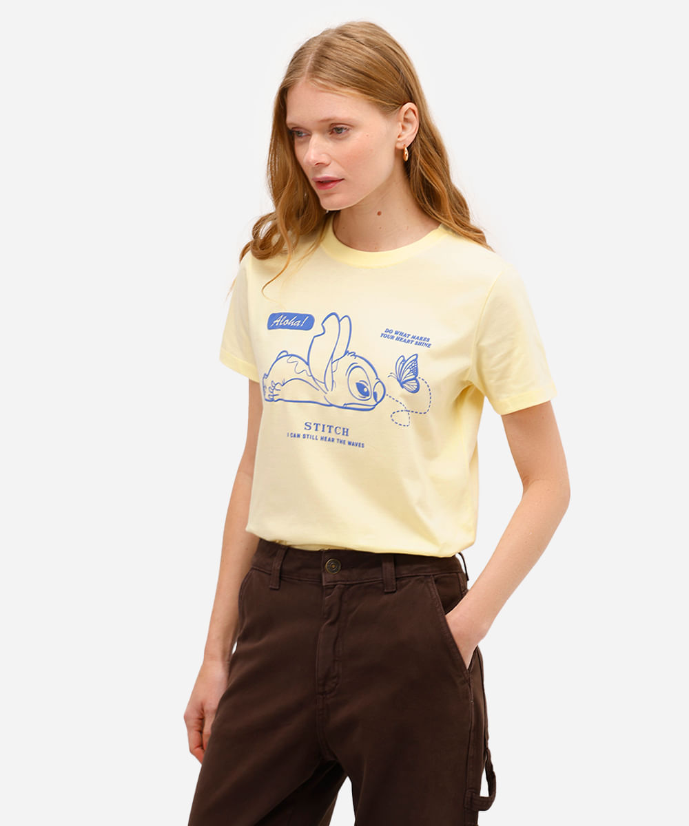 camiseta feminina de algodão stitch amarela