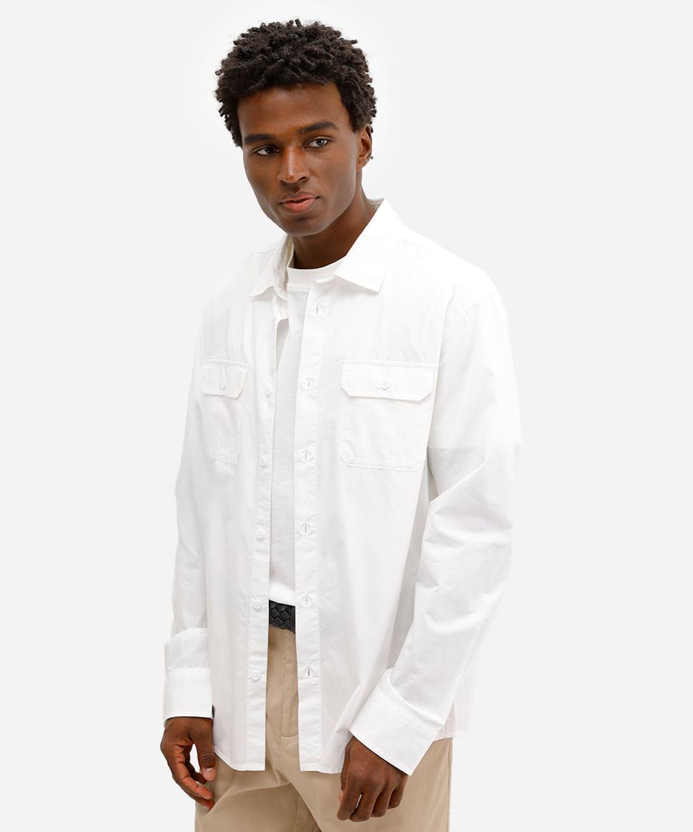 camisa comfort masculina de sarja manga longa branca