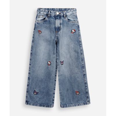 calça wide leg infantil jeans hello kitty e amigos azul