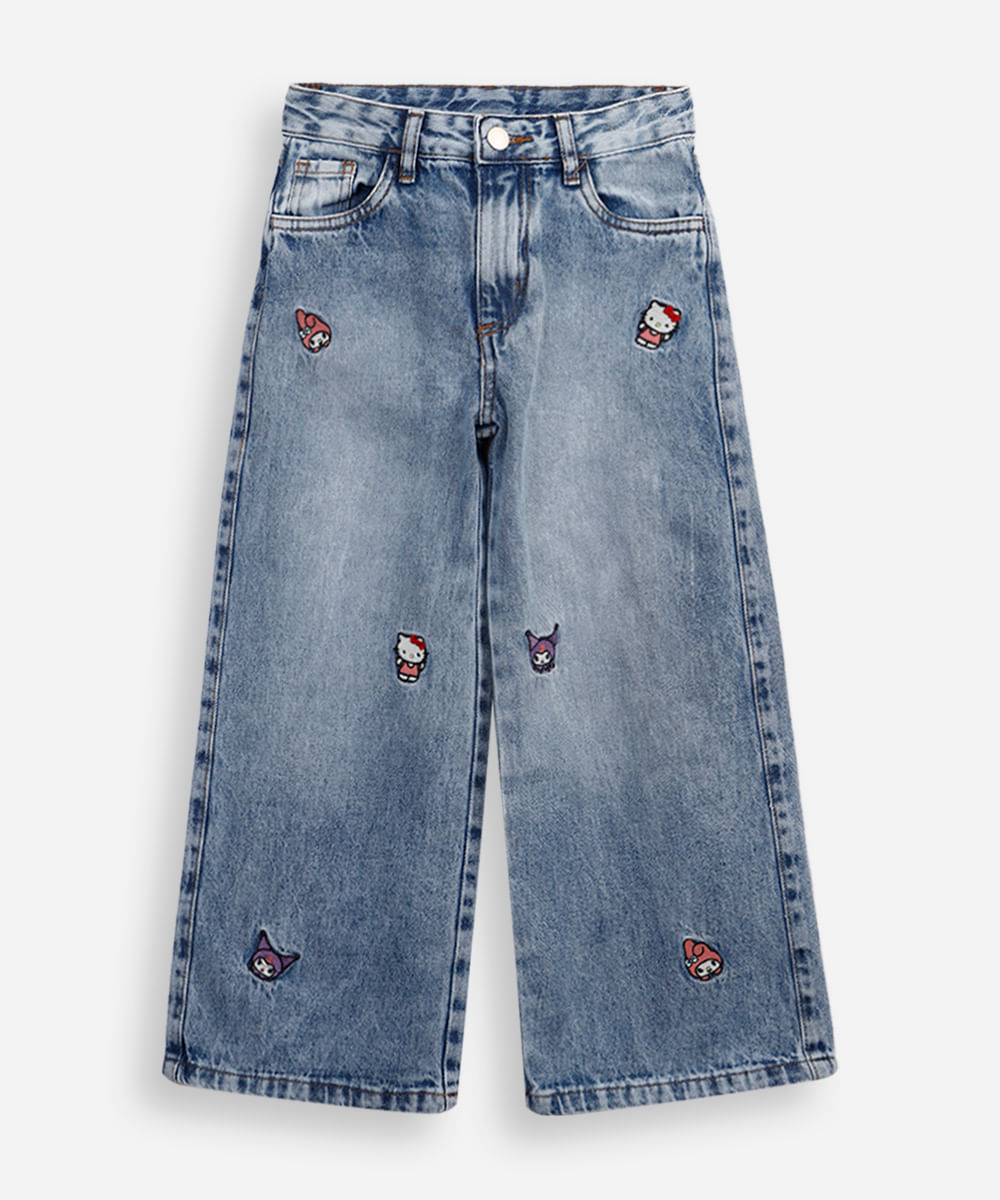 calça wide leg infantil jeans hello kitty e amigos azul