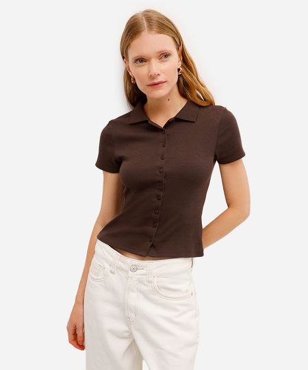 polo feminina básica canelada marrom M polo feminina básica canelada marrom M