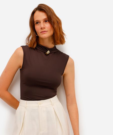 regata feminina de poliamida gola alta franzida marrom PP regata feminina de poliamida gola alta franzida marrom PP