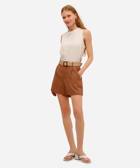 short feminino com linho cintura alta e cinto marrom 34