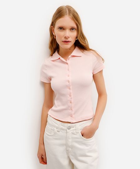 polo feminina básica canelada rosa P polo feminina básica canelada rosa P