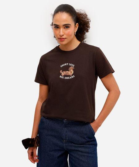 camiseta feminina de algodão estampada marrom PP