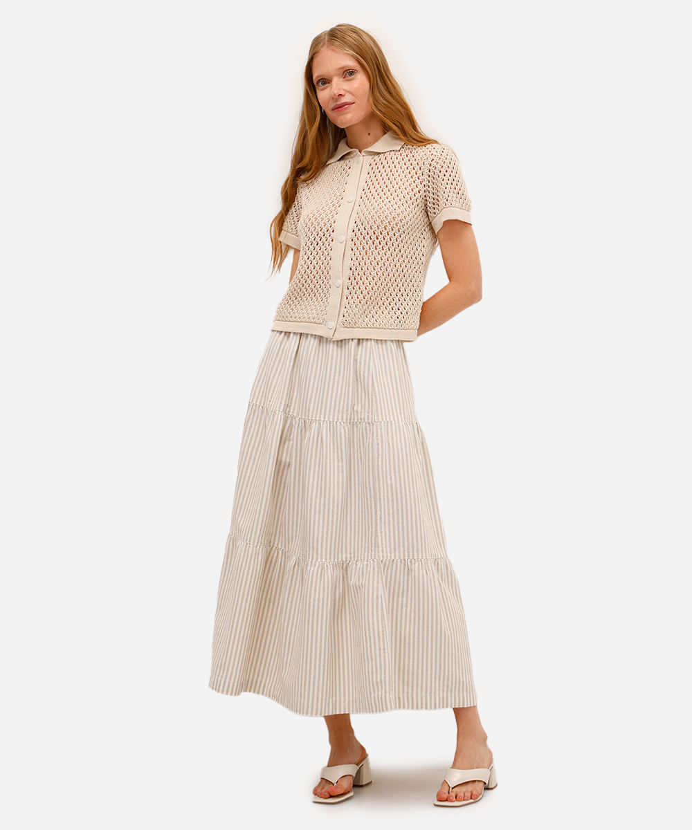 saia midi feminina de sarja com recortes listrada bege