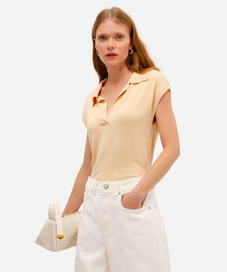 polo feminina de tricot manga curta bege PP polo feminina de tricot manga curta bege PP