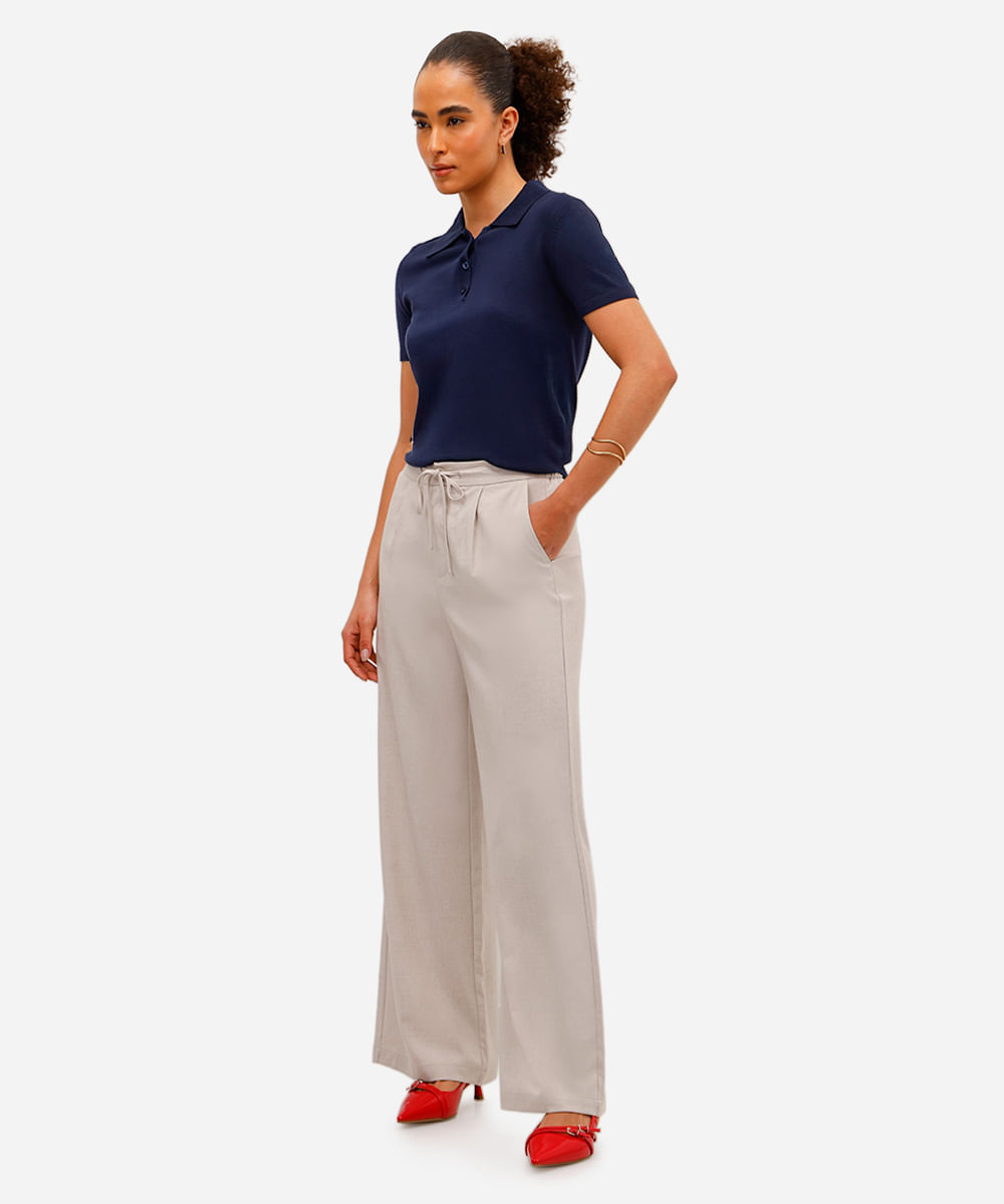 calça wide leg feminina de alfaiataria com amarração bege