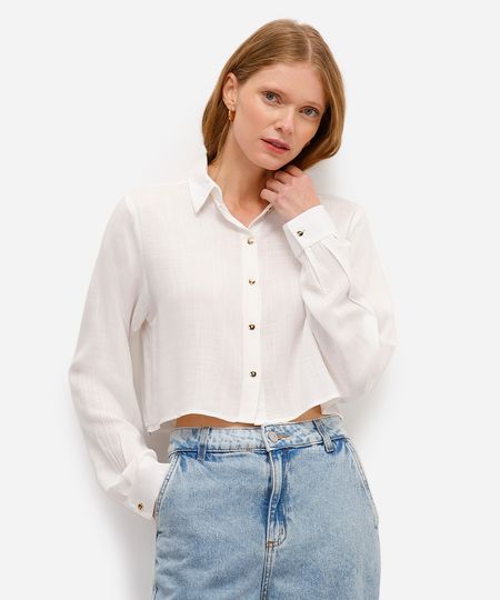 camisa feminina cropped em viscose manga longa off white PP camisa feminina cropped em viscose manga longa off white PP