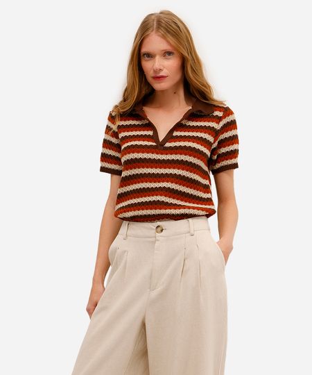 polo feminina de tricot texturizada listrada marrom PP