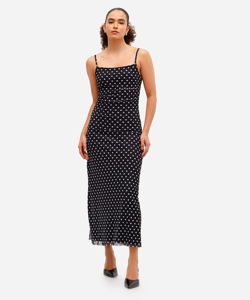 vestido longo feminino de tule franzido poá preto