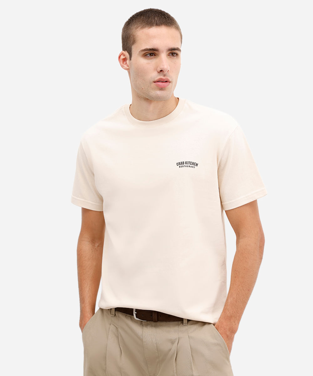 camiseta masculina de algodão estampada bege