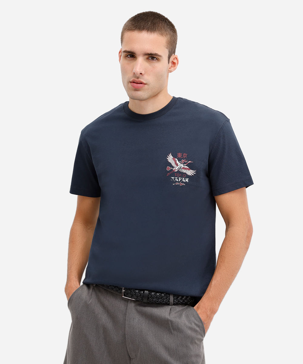 camiseta masculina de algodão estampada azul