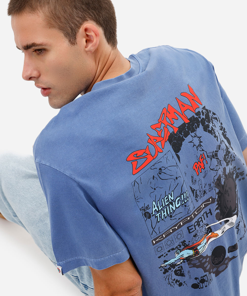 camiseta masculina estonada manga curta super homem azul