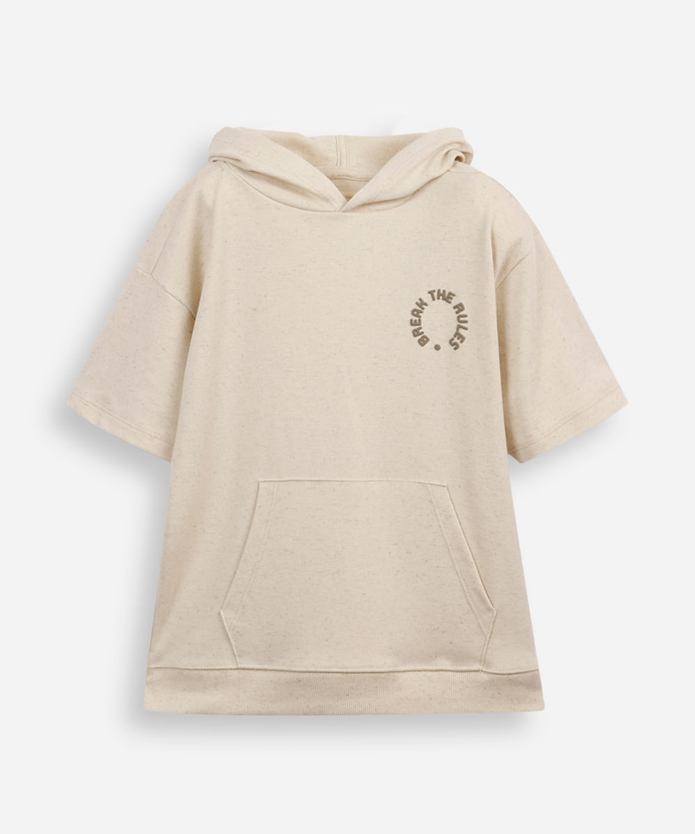 camiseta infantil manga curta com capuz e bolso bege