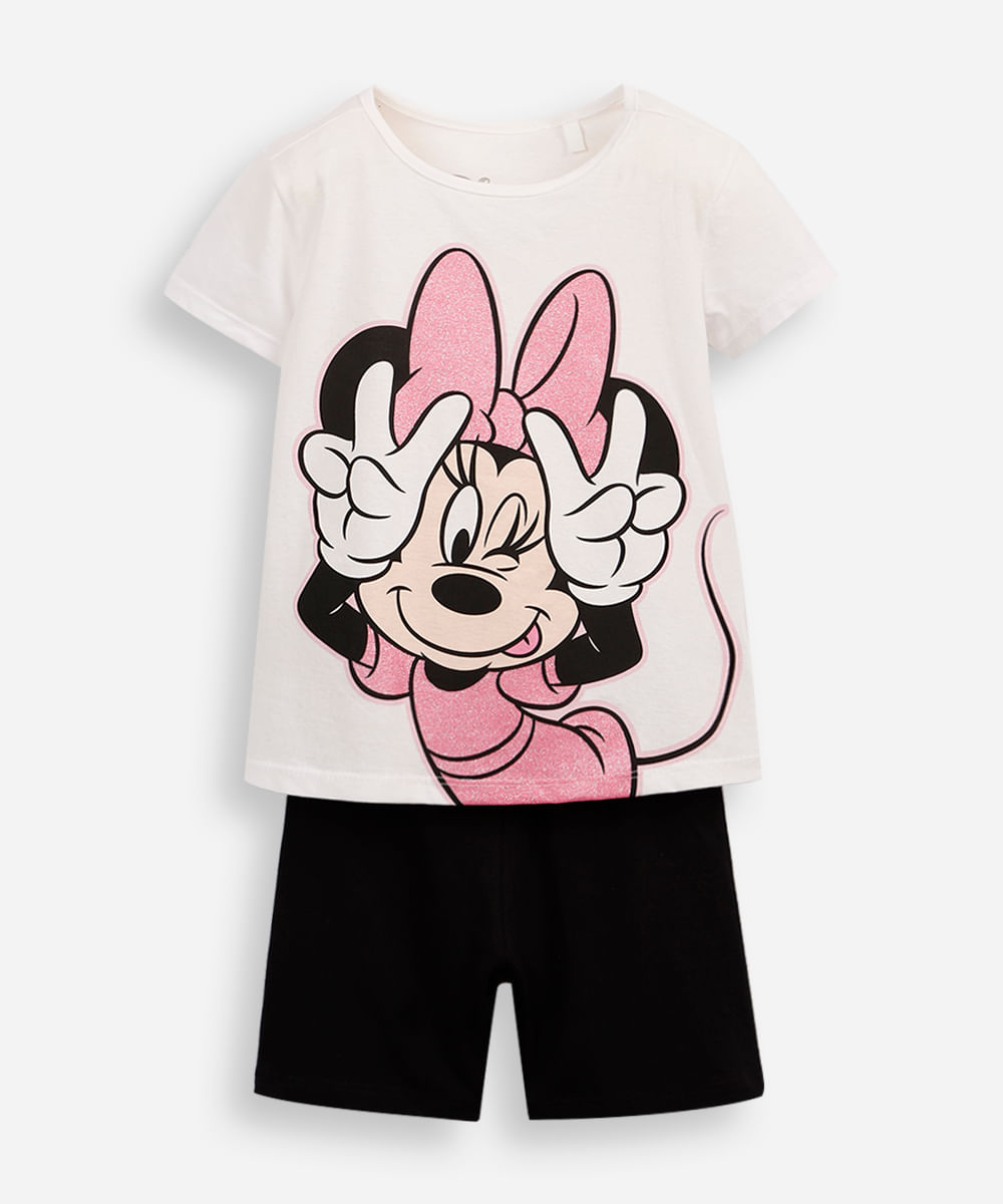 conjunto curto infantil de algodão minnie off white