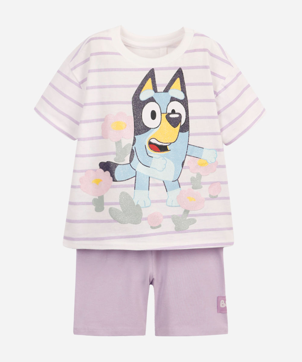 conjunto curto infantil de algodão bluey listrado lilás
