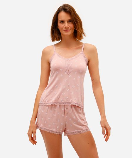 pijama short doll feminino com renda estampado rosa P