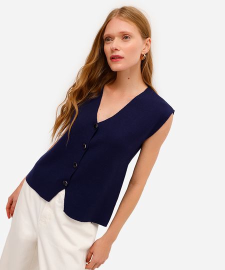 colete feminino de tricot decote v azul PP