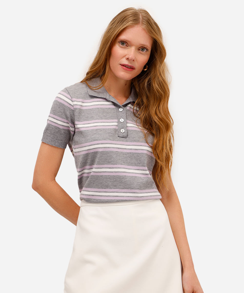 polo feminina de tricot listrada cinza