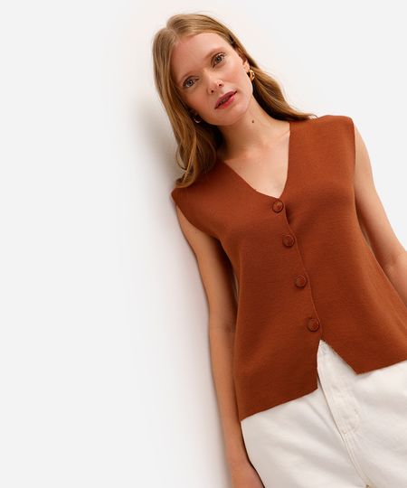 colete feminino de tricot decote v marrom M