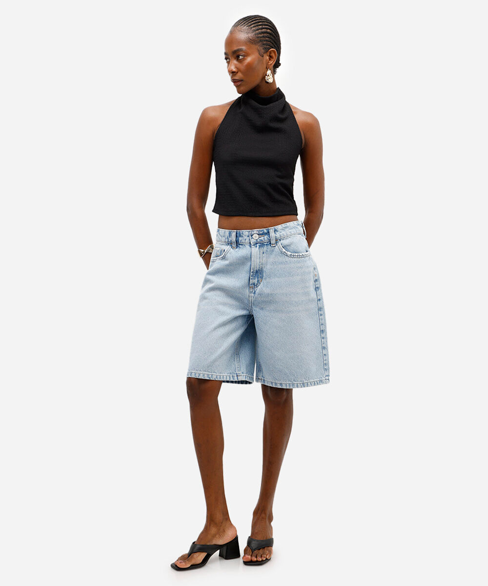 bermuda feminina jeans cintura média azul