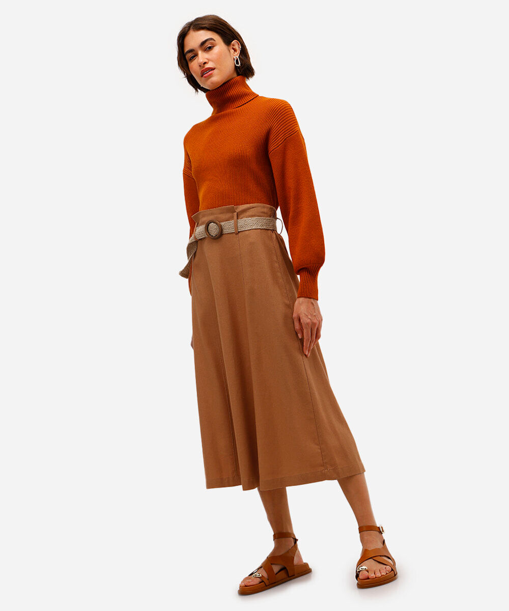 saia midi com linho cintura alta bege