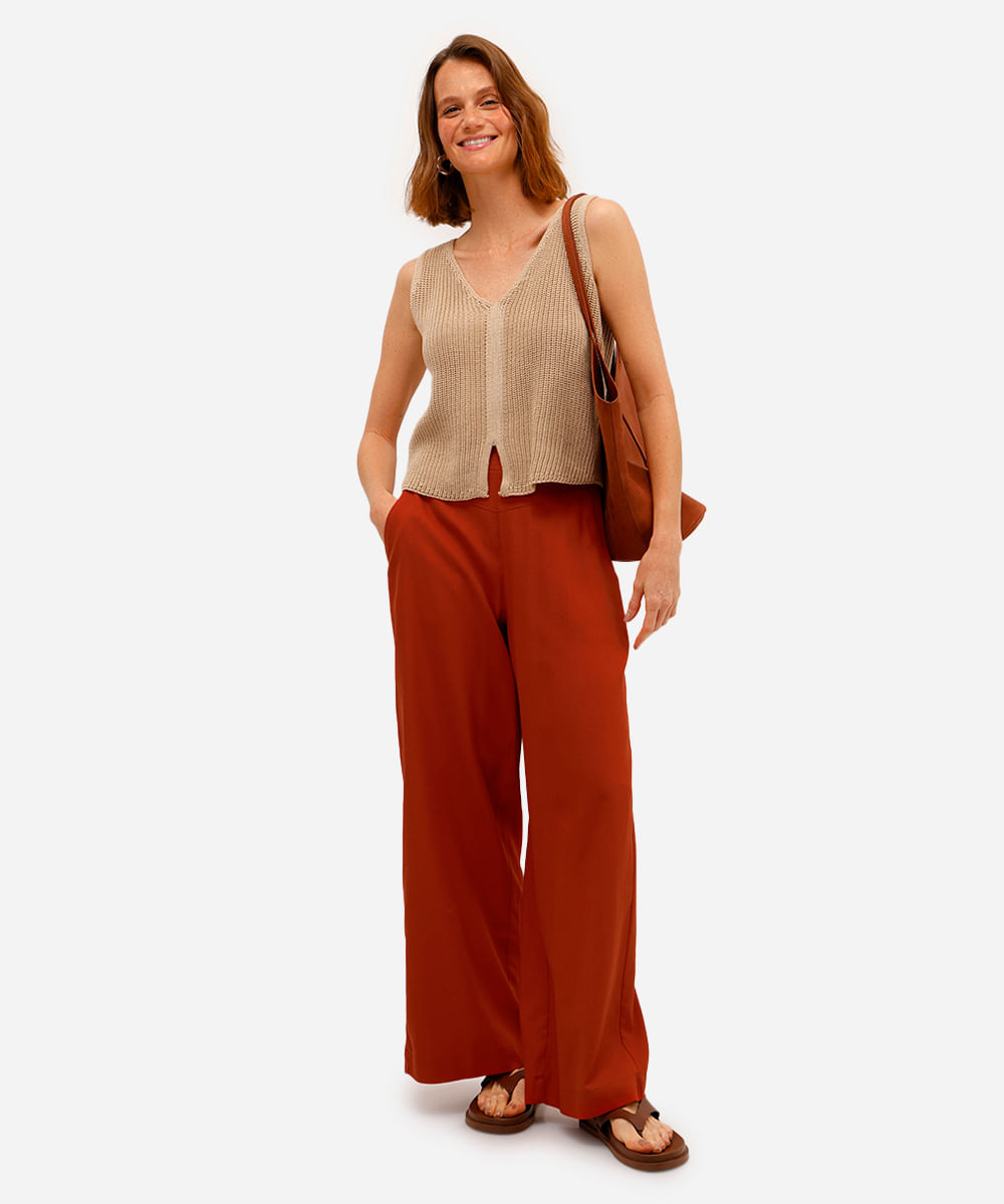 calça wide leg feminina com linho marrom