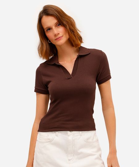 polo feminina de algodão manga curta canelada marrom P polo feminina de algodão manga curta canelada marrom P