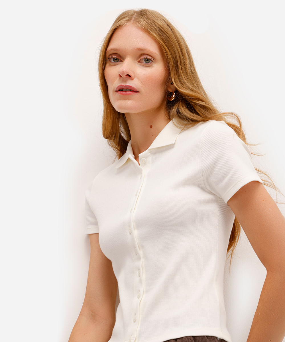polo feminina básica canelada off white