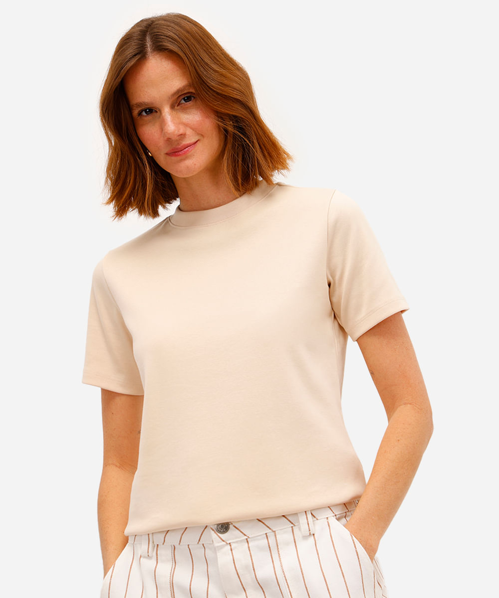 camiseta classic feminina de algodão peruano interlock bege