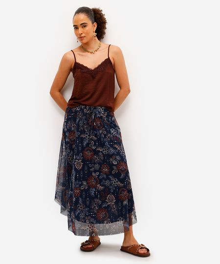 saia midi feminina de tule floral azul PP saia midi feminina de tule floral azul PP