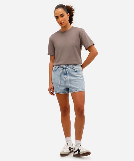 short feminino mom jeans com cinto cordão azul 34