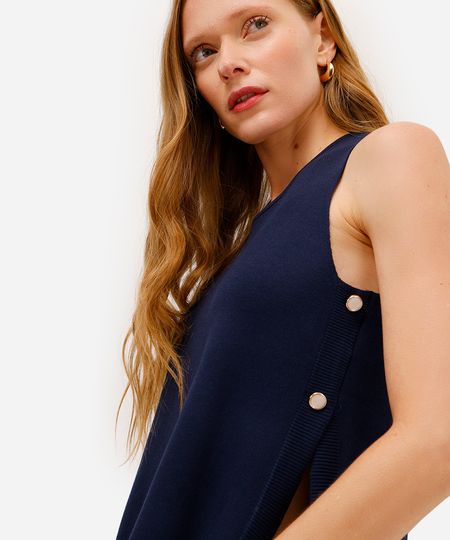 regata feminina de tricot com botões laterais azul P