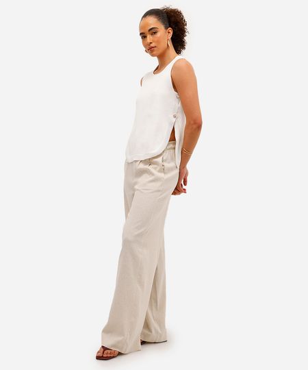 calça wide leg feminina com pences e linho bege 34 calça wide leg feminina com pences e linho bege 34