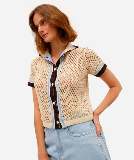 cardigan feminino de tricot manga curta com listras bege M cardigan feminino de tricot manga curta com listras bege M