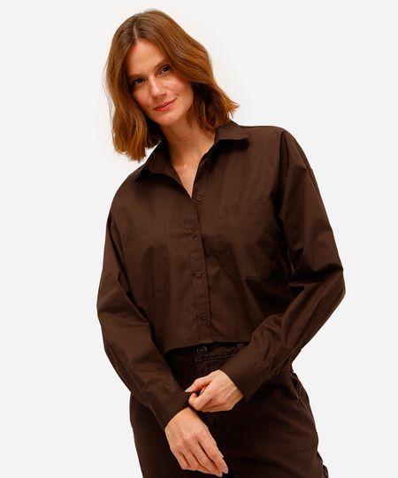 camisa cropped manga longa com bolsos marrom PP