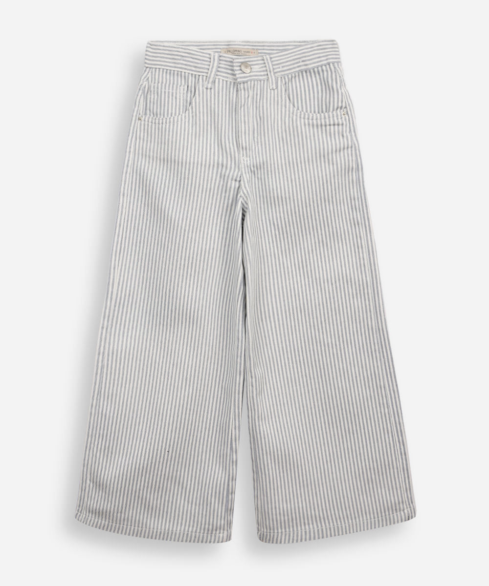 calça wide leg infantil de sarja listrada off white