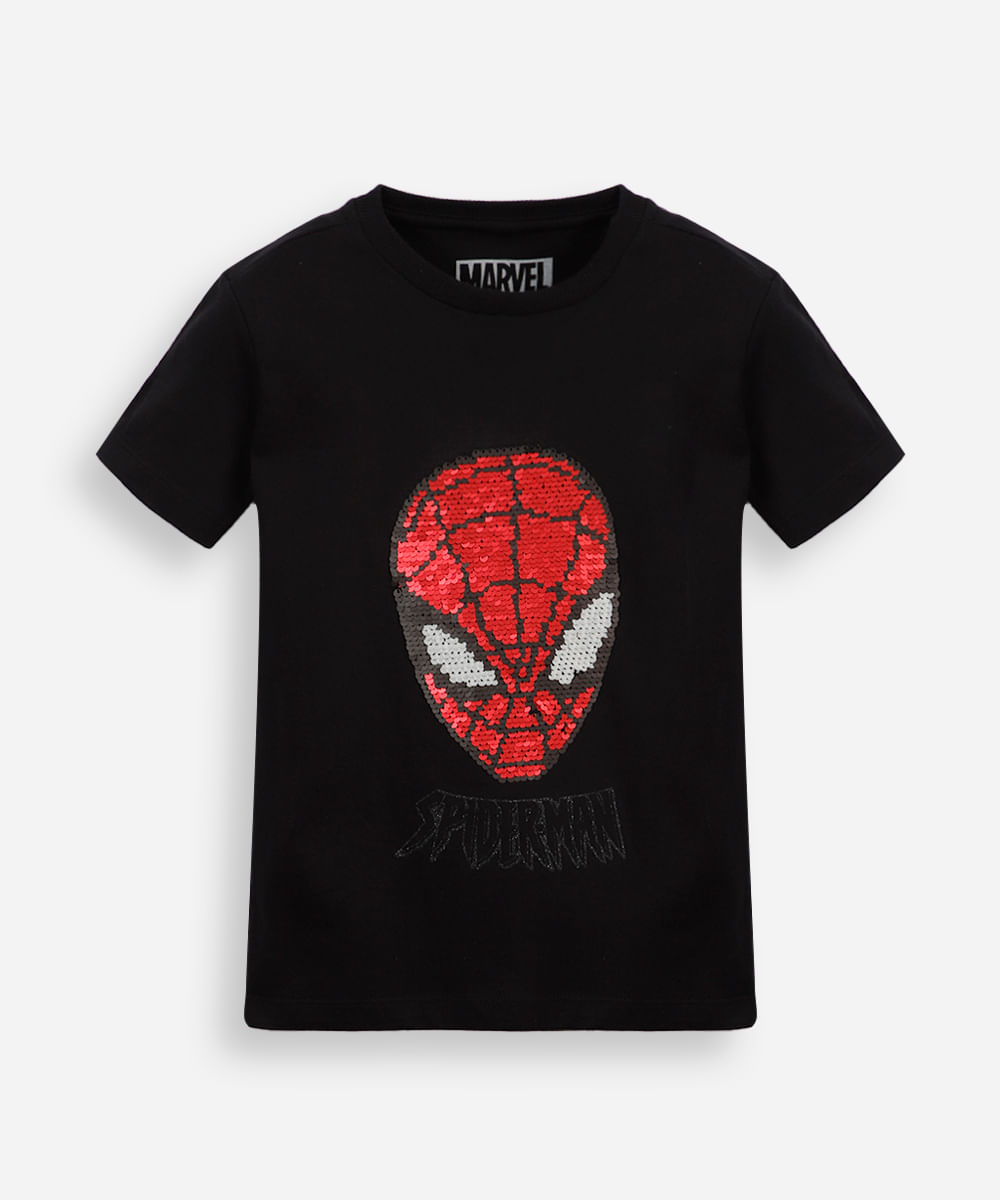 camiseta infantil de algodão com paetê homem aranha preta