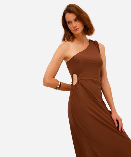 vestido midi feminino ombro único com recorte e franzidos marrom PP vestido midi feminino ombro único com recorte e franzidos marrom PP