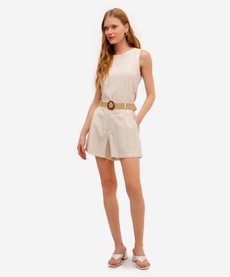 short feminino com linho e cinto listrado bege 40 short feminino com linho e cinto listrado bege 40