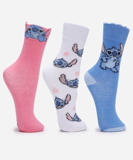 kit de 3 meias infantis cano longo stitch colorido 26-29 kit de 3 meias infantis cano longo stitch colorido 26-29