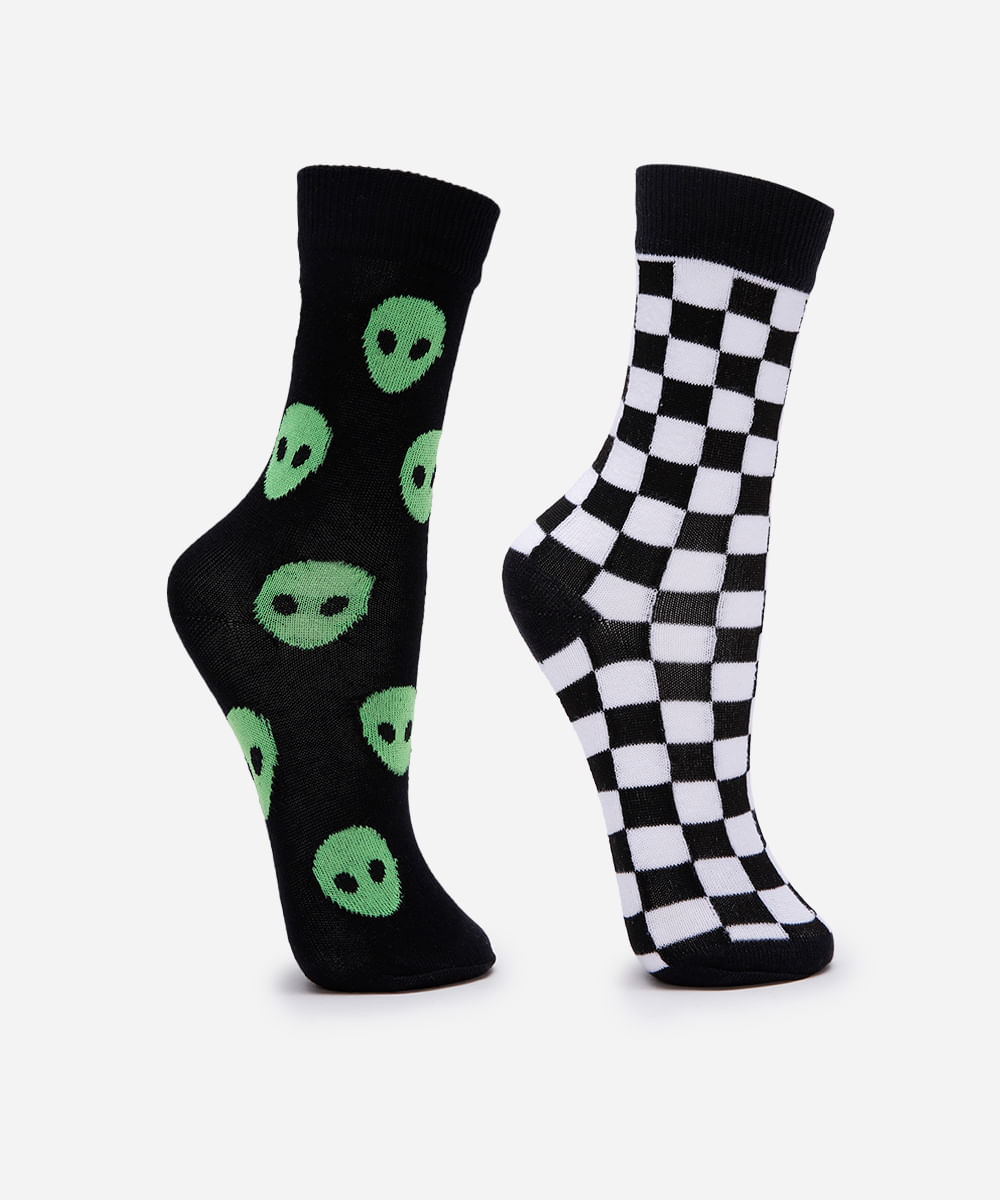 kit de 2 meias infantis cano longo estampadas colorido