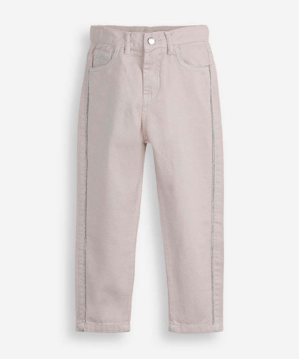 calça mom infantil de sarja com brilhos bege