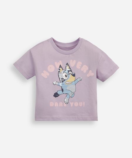 camiseta infantil de algodão bluey com paetê lilás 2 camiseta infantil de algodão bluey com paetê lilás 2