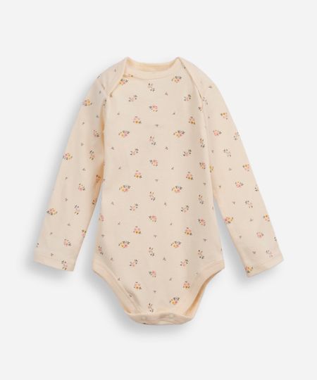 body infantil de algodão manga longa floral bege 12-18