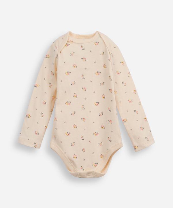 body infantil de algodão manga longa floral bege 9-12