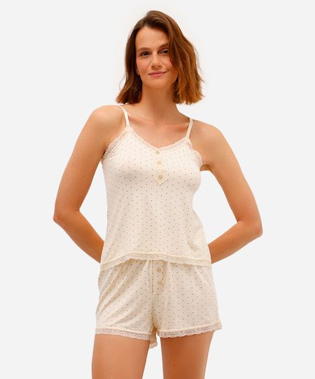 pijama short doll feminino com renda poá bege P