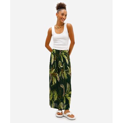 saia longa feminina folhagens plissada verde